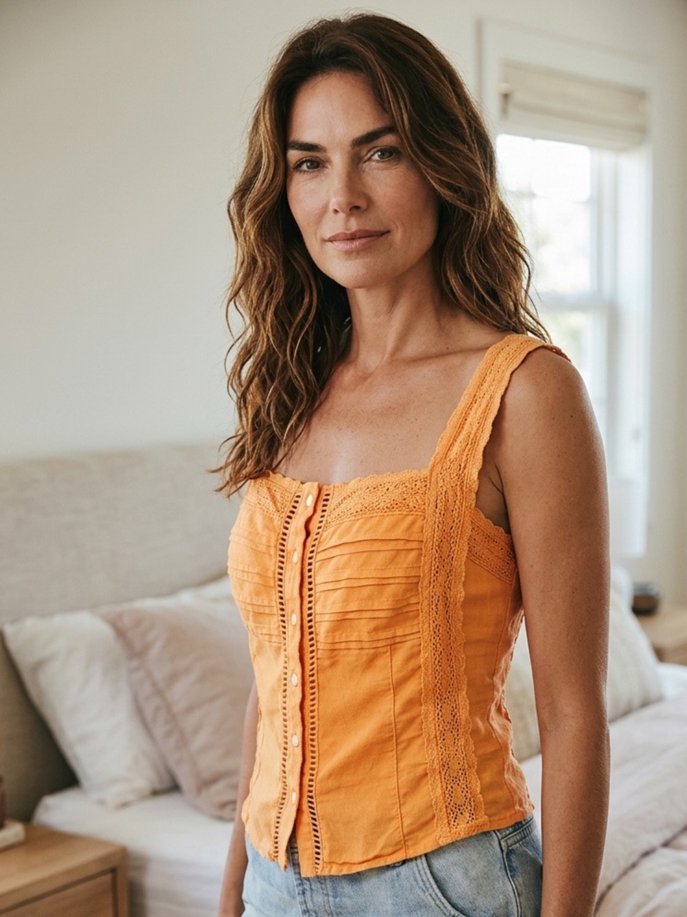 Free People Orange Lace Trim Smocked Button Front Top Medium